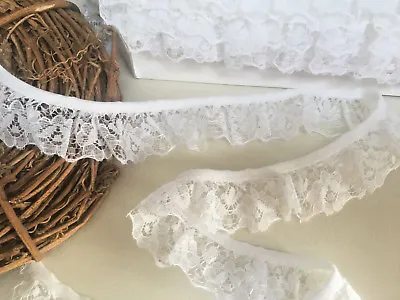 White Nottingham Lace Gathered Frilled Trim 32mm Wide Pretty Design Sewing Craft • £2.45