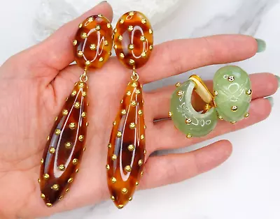 Replica Italy Signed Vtg Jade Amber Lucite Gold 4  Drop Chunky Earrings Quality • $21.50