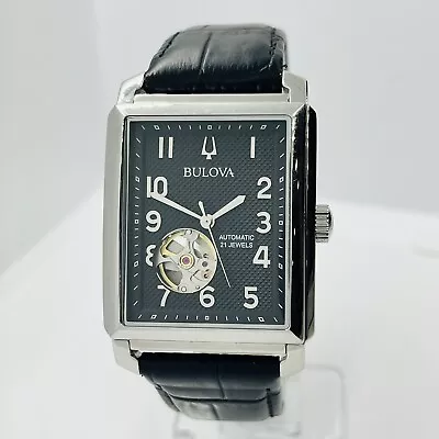 Bulova Sutton Men's Automatic Rectangle Silver/Black Leather Watch 96A269 • $240