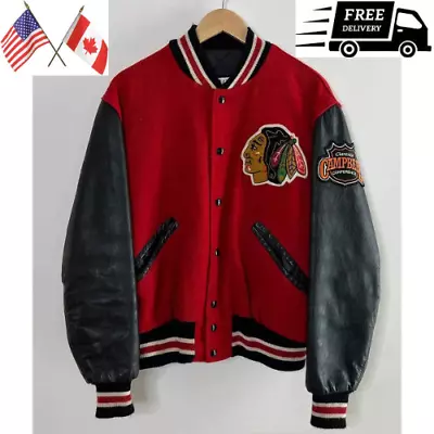 Men's Women Campbell Chicago Blackhawks Red & Black Wool/Leather Varsity Jacket • $109.99