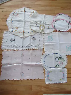 Vintage Lot Of 9 Hand Embroidered Doilies Table Cover Runner Bureau Scarf Lace • $19.95