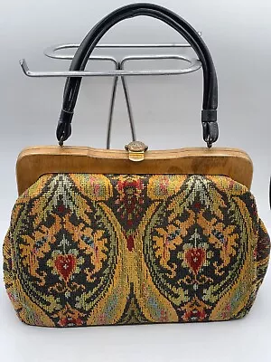 Vintage Floral Tapestry Carpet Wood Doctor Bag Purse Leather Handle • $49.90