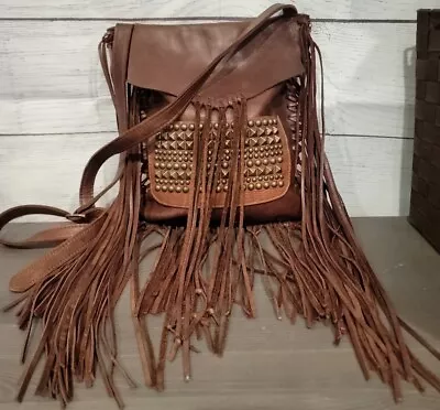 £163.93 • Buy Mcfadin Brown Leather Fringe Hobo Hippie Drawstring Shoulder Bag Studded Rare 