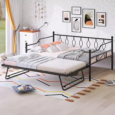 Full Size Metal Daybed W/ Adjustable Twin Trundle Folding Black • $268.64