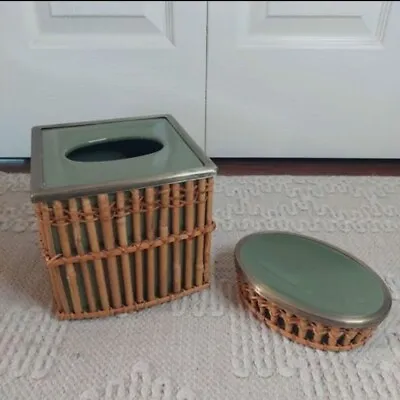 VTG Waverly MCM Bamboo Green Ceramic  Metal Tissue Box & Soap Holder! Set Of 2 • $29.99