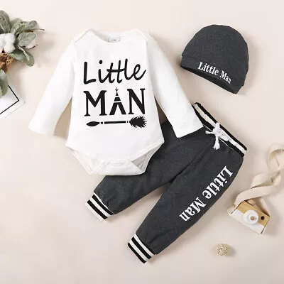 3PCS Newborn Baby Boys Long Sleeve Tops Pants Hat Outfits Tracksuit Clothes Set • £9.29