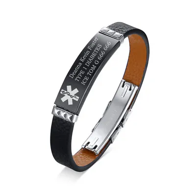 Medical Alert ID Name Men Leather Bracelet Cuff Wristband Surfer Free Engraving • $4.99