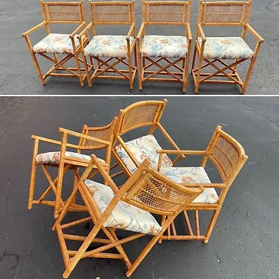 REMARKABLE SET OF FOUR WRAPPED RATTAN CAMPAIGN ARMCHAIRS IN THE STYLE OF McGUIRE • $600