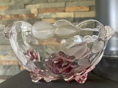 Vintage Walther Germany Glass Bowl Roses Frosted Leaves Crystal Glass 3 Feet • £9.50