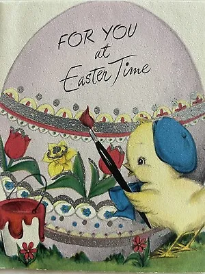 Vintage Easter Card FOR YOU Baby Chick Blue Beret Painter Glitter Eggs USED 60s • $5.88