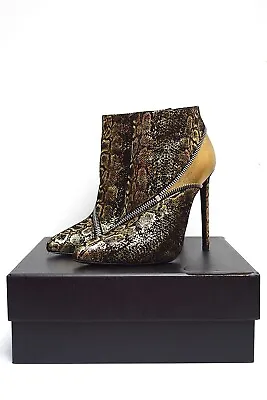 SAINT LAURENT Gold/Black Python Print Leather Zip High Heel Ankle Boot 39.5 • $250