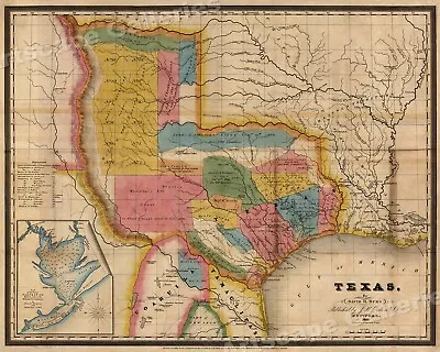 Texas Land Grants 1830s Historic Map Of Galveston - 20x24 • $16.95