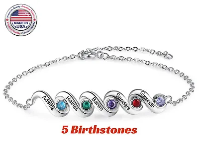 Custom Five Birthstone Name Engraved Bracelet For Women Silver Mothers Day Gift • $39.50