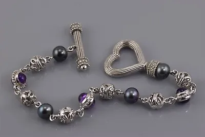 Sterling Silver Purple Amethyst Mabe Pearl Beaded Heart Toggle Bracelet 26g 8  • $57.50