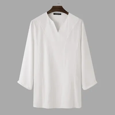 Mens V-Neck Kurta Dress Shirts Formal Long Sleeve Party Tunic Kaftan Top T Shirt • £15.43