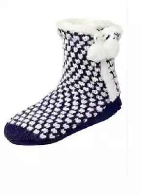 M&s Navy Heart Print Chunky Knit Faux Fur Trim Lined Slipper Boots S/m Size 3-5 • £14.99