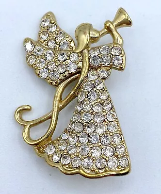 B6-662 Vintage Brooch Gold Tone Signed Monet Pin 1.75  Angel Crystal Christmas • $5.99