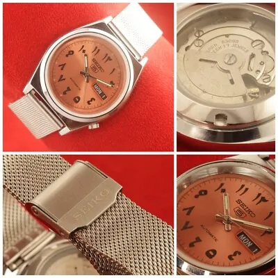 Vintage Seiko 5 Orange Arabic Dial Automatic Japan  Working Wrist Watch 37.5mm • $75