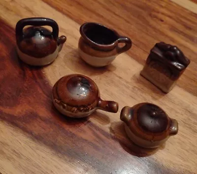 Miniature Stoneware Brown Glazed Set Of 5 1:12 Scale • $10