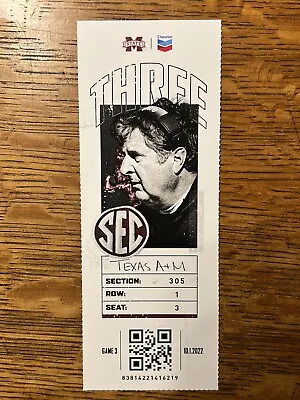 2022 Texas A&M Vs. Mississippi State Bulldogs Collectible Ticket Stub Mike Leach • $27.99
