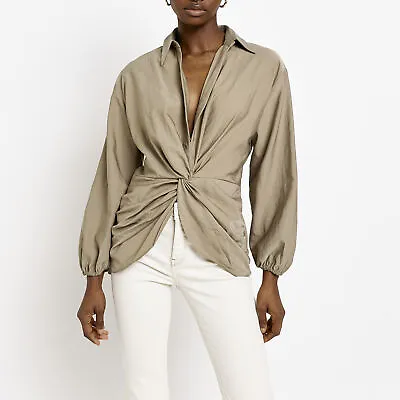 £11 • Buy River Island Womens Blouse Khaki Long Sleeve Twist Front Collared Shirt Top