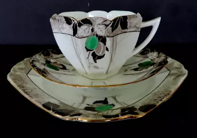 Art Deco Vintage China Tea Set Trio.Shelley Queen Anne  Green Damson.11625. VGC. • £59.95