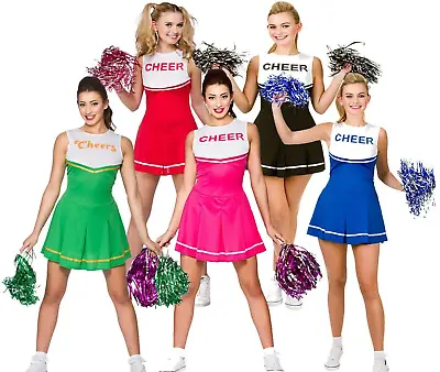 Cheerleader Fancy Dress Costumes Womens Ladies High School Uniform + Pom Poms • £13.99