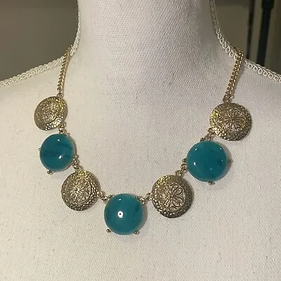 $9.97 • Buy Gold Tone Statement Bib Boho Necklace Faceted Turquoise Bubble Beads Coin Dangle
