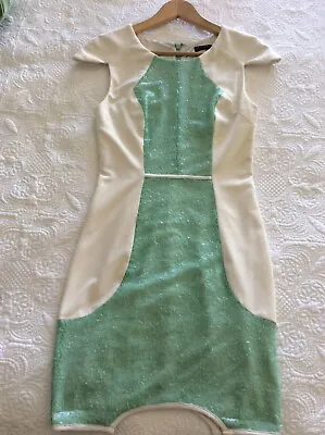 Elle Zeitoune Cocktail Dress Size 8 Cream With Green Sequins Wedding Occasion • $10