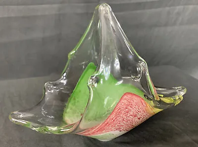 ✨Vintage Murano Hand Blown Lavorazione Art Green Green & Pink Glass Basket ✨ • $14.99