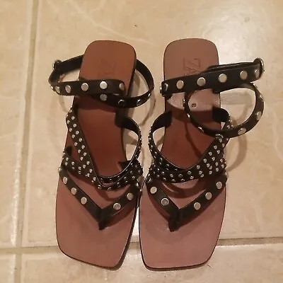 $75 • Buy Zara Black Studded Leather Block Heeled Square Toe Sandals 8.5