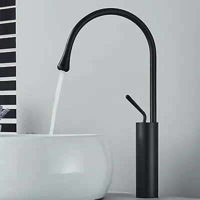 Black Bathroom Basin Sink Faucet Waterfall Spout Single Handle Tall Mixer Tap • £37.39