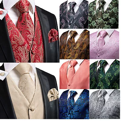 Mens Paisley Waistcoat Casual Wedding Vest Silk Tie Set Casual Formal Tops Suit • $51.98