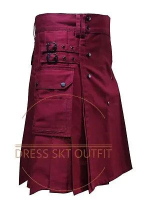 Scottish Handmade Utility Kilt Red Cotton Fashion Kilt Hybrid Kilt For Men's • $59