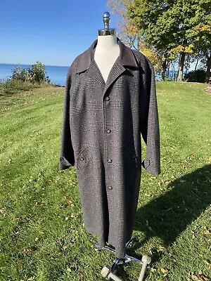 EDDIE BAUER Wool Overcoat Trench Coat Leather Collar Glen Plaid MENS Large To XL • $67
