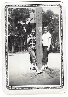 Vintage Photo Pretty Girls Hugging Pole Saddle Shoes 1950 FASHION Lesbian Int! • $5.99