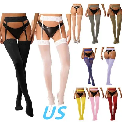 US Womens Semi Sheer Garter Belt Suspender Pantyhose Thigh High Stockings Tights • $8.35