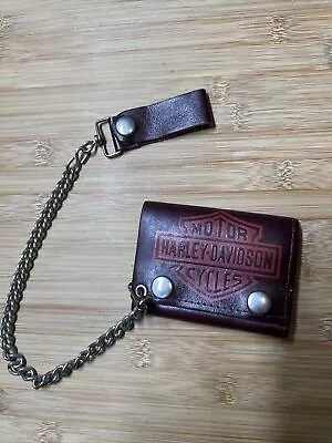Vintage Harley Davidson Trifold Wallet Chain Brown Leather Biker Pocket Mens • $45