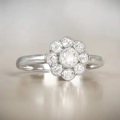 Edwardian Style Floral Round Cut Lab-Created Diamond Cluster Halo Ring In Silver • £72.92