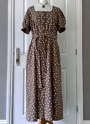 Pretty M&S MARKS & SPENCER Brown LINEN Blend POLKA DOT Shirt DRESS 16L • £14.95