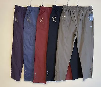 New Ladies Full Length Long Cherry Berry Trouser Pant Cotton Stretchy Pockets • £15.99