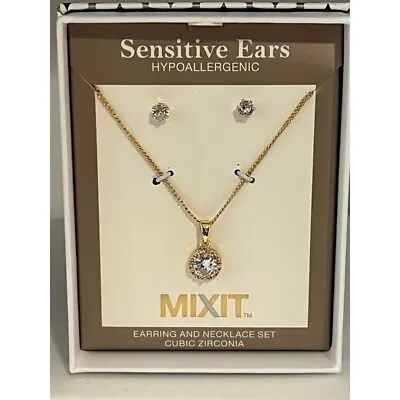 MIXIT Earring & Necklace Jewelry Set NIB Sensitive Cubic Zirconia Goldtone • $12