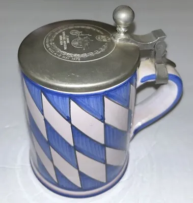 Ceramic Blue And White Diamond Pattern Beer Stein With Pewter Lid Germany • $18.95