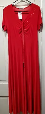 WOMENS: SZ L (16): PARTY DRESS LINA SS And LONG Solid RED W/gems Russia NWT • $13.50