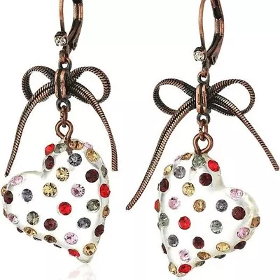 Betsey Johnson Stone Lucite Heart Drop Earrings Delicate Bow Mixed Multi-Colored • $13.95