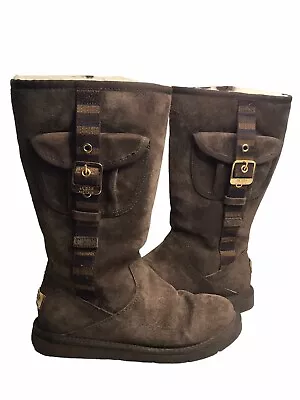 UGG Boot Women 6 Brown Leather Retro Cargo 1895 Tall Side Zip Pocket Sheepskin • $50.99