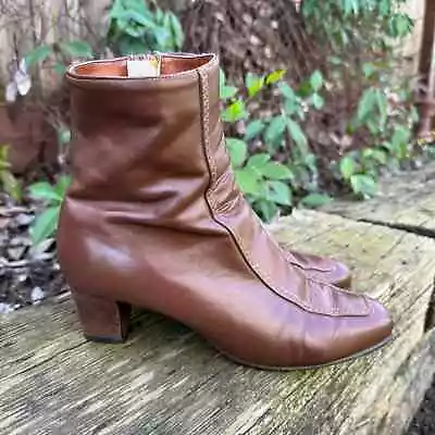Vintage Selby Faux Leather Cognac Brown Heeled Zipper Boots Women's Size 8.5 W • $24