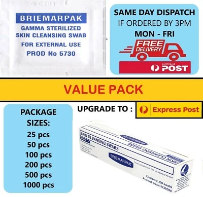 $9.95 • Buy Briemarpak Isopropyl Alcohol Swabs / Wipes/ Medical Prep Pads - Gamma Sterilised