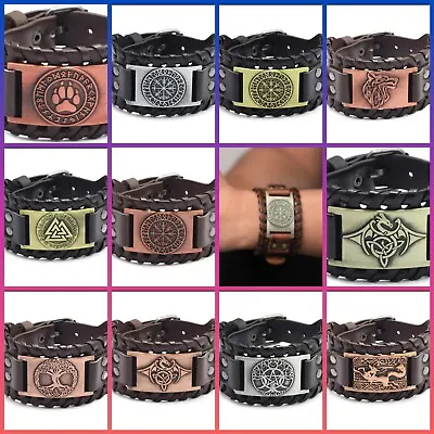 Mens Viking Wide Genuine Leather Vegvisir/Mjolnir/Dragon/Wolf Bracelet Wristband • £7.75