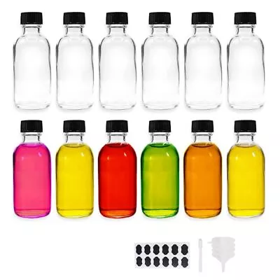 12 Pack 2 Oz Clear Glass Bottle With Black Poly Cap Funnel Boston Round Sample B • $20.19